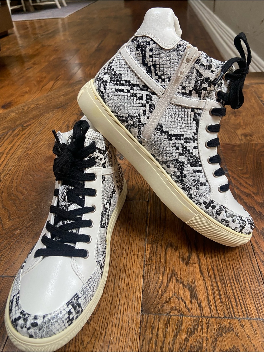 Coconuts by Matisse White and Black Snake-Print High Top Sneakers